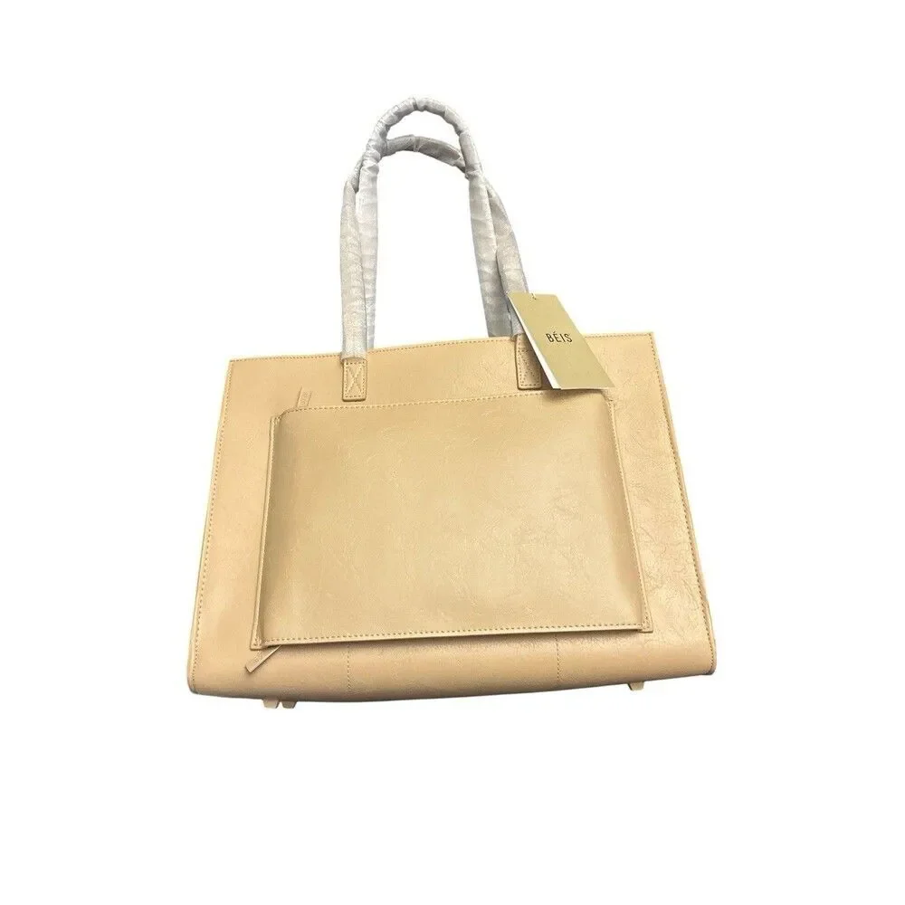 BEIS The Work Tote Color Beige Vegan Leather Laptop Commute New